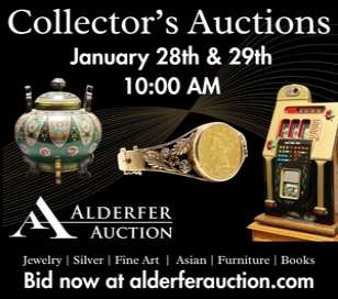 Alderfer's presents a 2-Day Collectors Auction featuring coins, bullion, jewelry/watches, medals, books, historical ephemera, furniture, rugs, Chinese, Japanese, Russian offerings alongside primitives, decorative objects, bronzes, & art. Bid now.