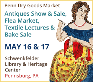 The Penn Dry Goods Market is a textile-focused antiques and vintage show with dealers hailing from Pennsylvania and other locations on the east coast. Our dealers are among the best in antique textiles, offering samplers and other needlework, quilts, coverlets and woven objects, linens, yardage, sewing smalls, and sewing tools and equipment, buttons. We also have expanded into folk art and smaller items of general Americana. Visitors will find treasures from across the country and around the globe at a variety of prices! In addition to the market, we are very proud to offer the best experts in textile history in our Penn Dry Goods Market lecture series. This year, you will have the opportunity to hear lectures from nationally recognized authorities in textiles. Our speakers are not merely experts in their respective fields, but are entertaining and very approachable.