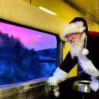 Santa looking out train window